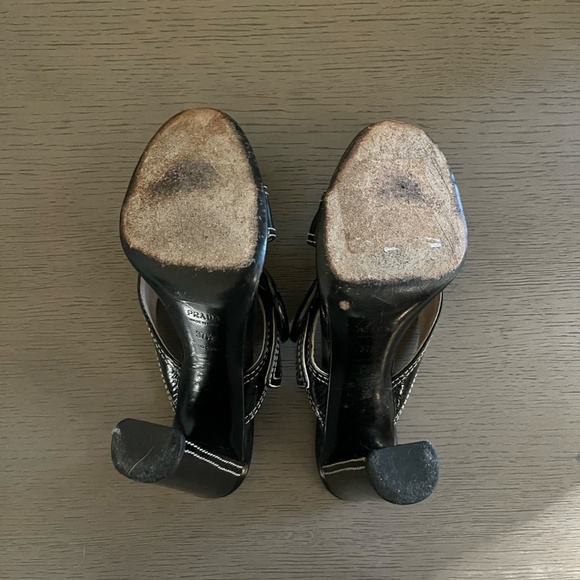 PRADA | Luxury Black Leather White Stitch Criss-Cross Buckle Heel | Size 37.5 - Picture 6 of 10